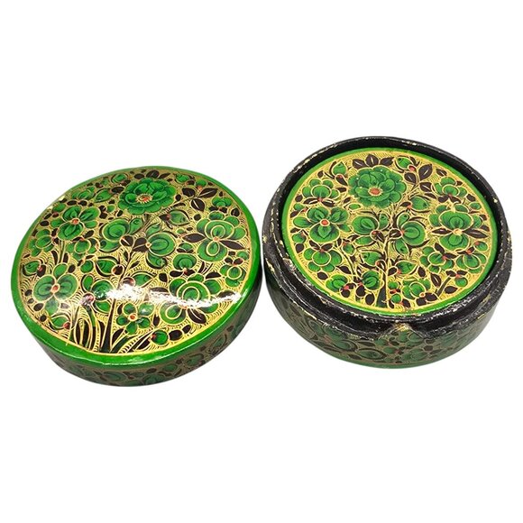 Paper Mache Green Floral Coaster Set Of 6 Storage Box Lacquered Hand Painted - Picture 2 of 15